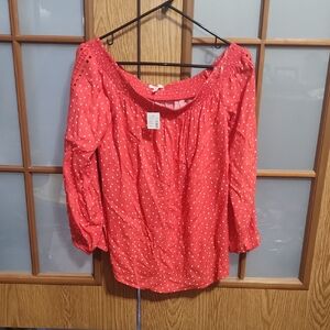 Maurices Red And White Polka Dot Off The Shoulder Long Sleeve Shirt
